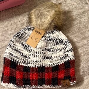 C.C Plaid Pom Beanie - Red, Black, and White